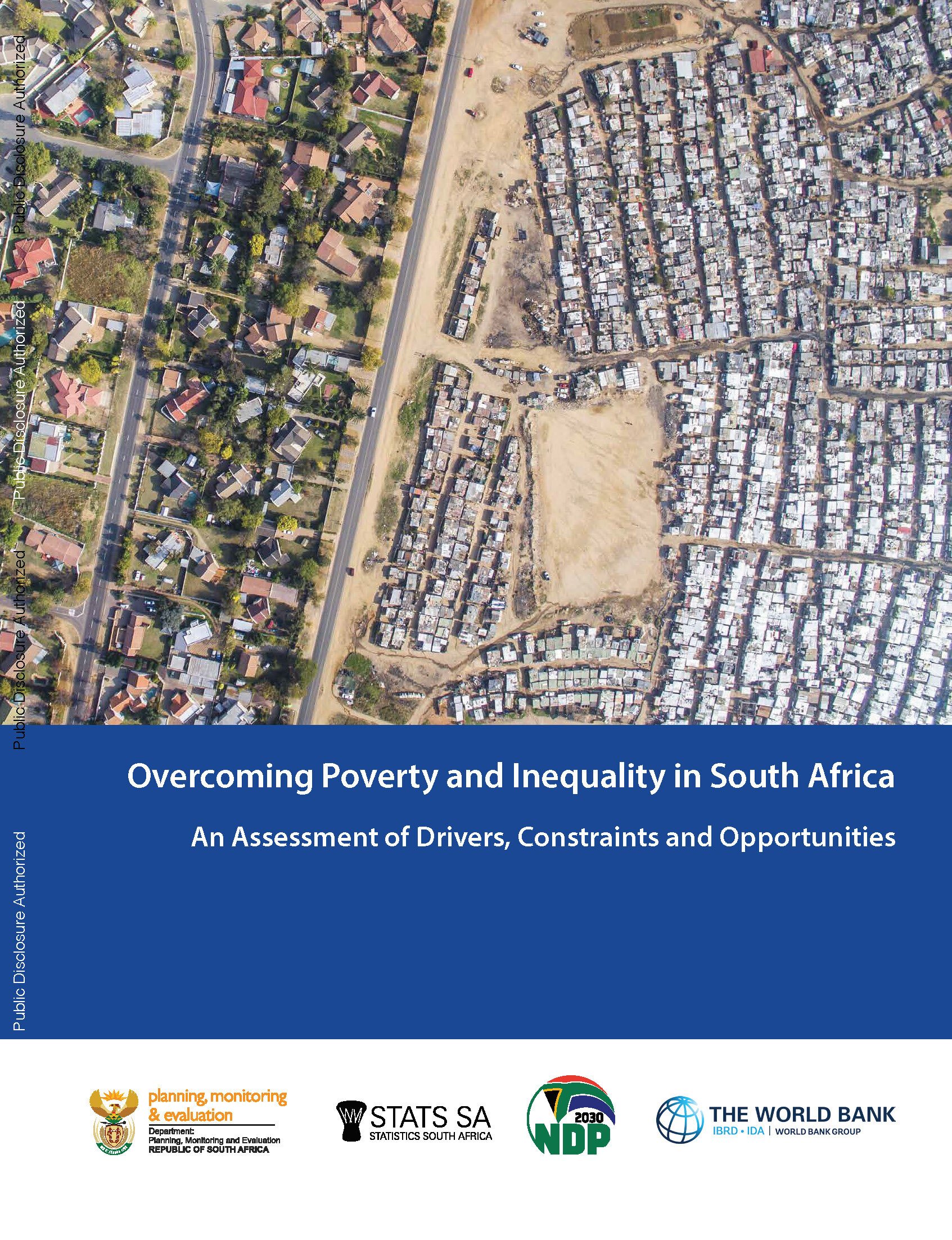 Cover of the report Overcoming Poverty and Inequality in South Africa, with an aerial photograph