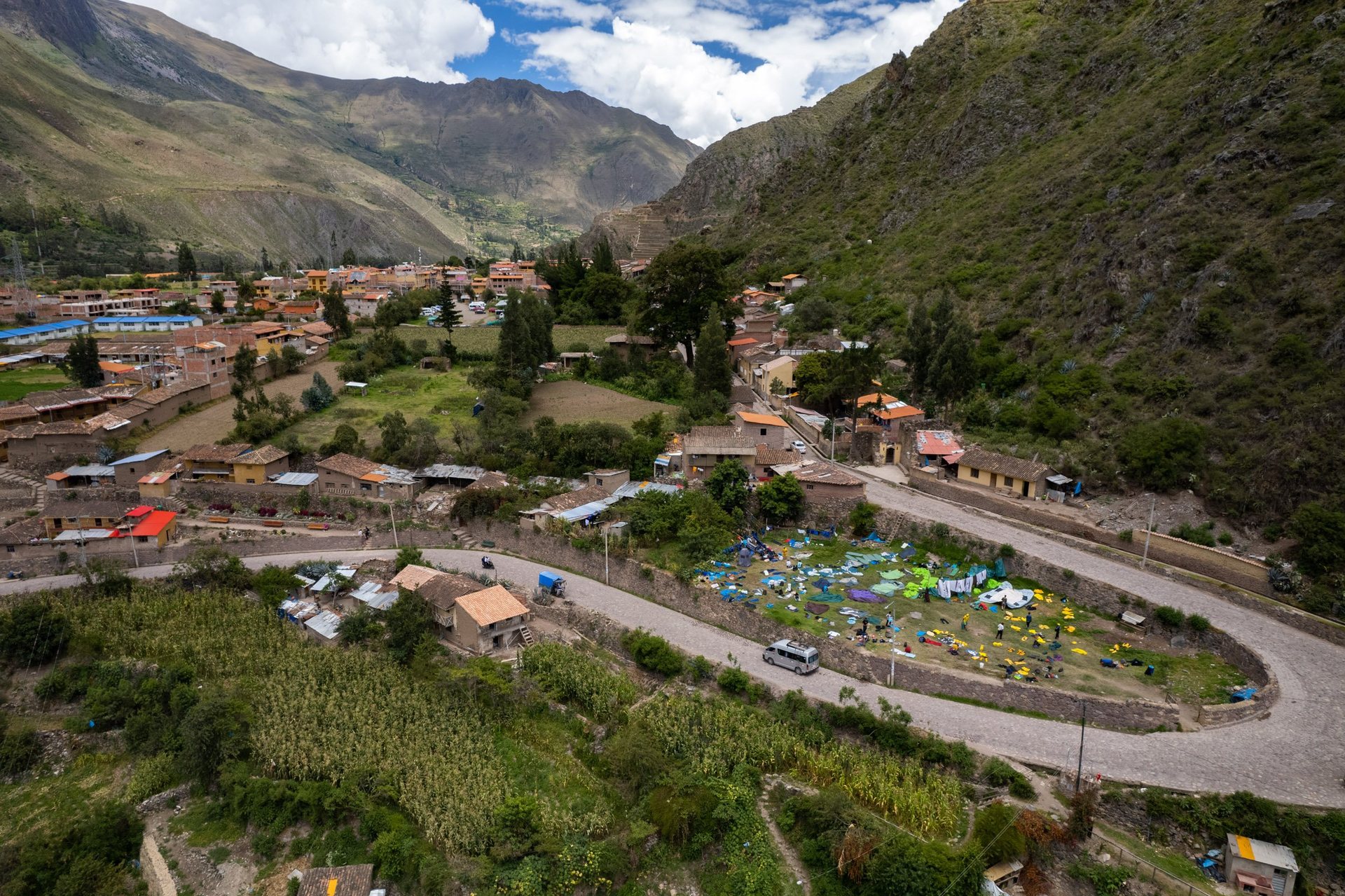 Ancient village of Ollantaytambo, with Machu Picchu porters drying their tents.