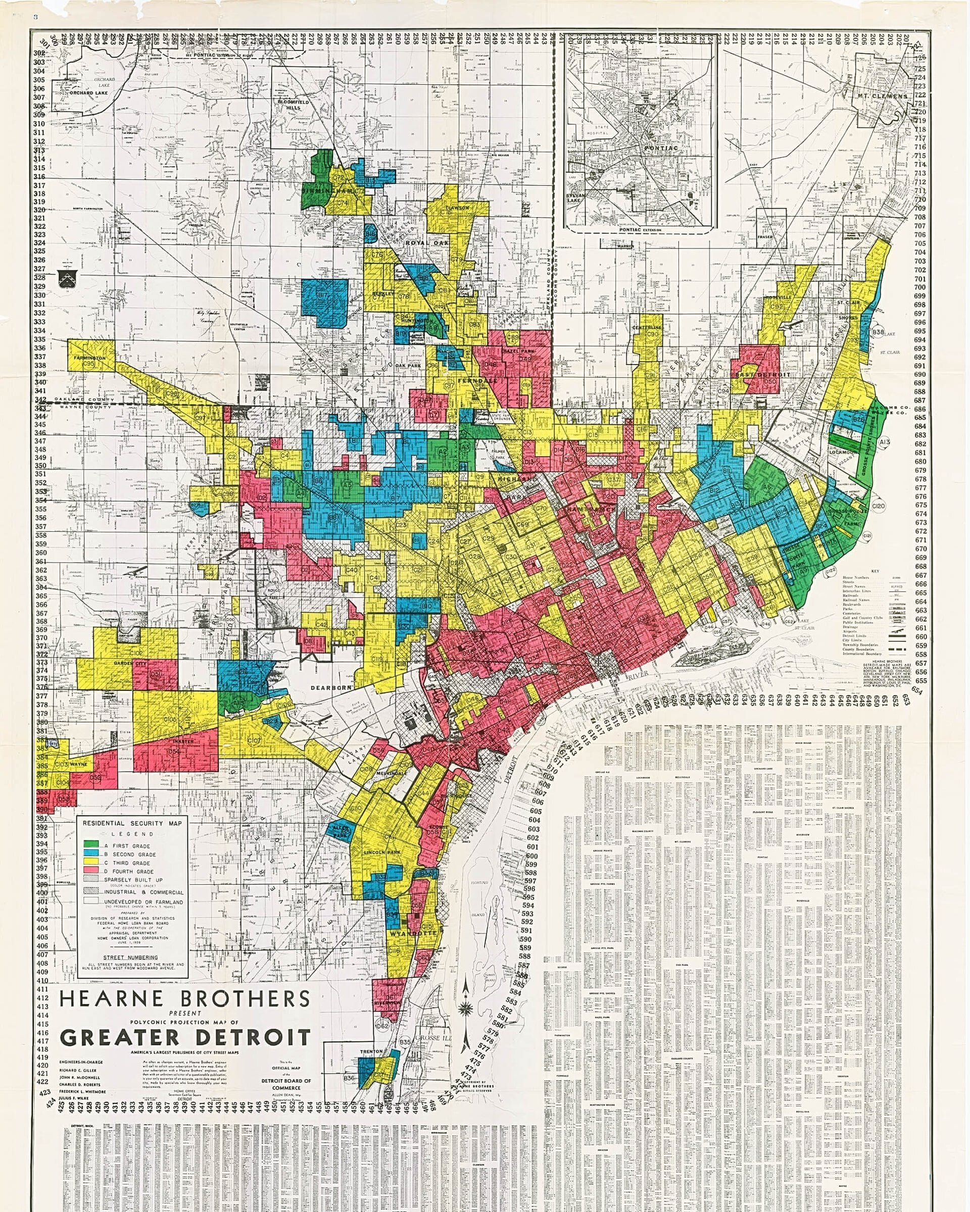 An FHA Housing map showing redlined areas of Detroit, 1931.(T-Races project)