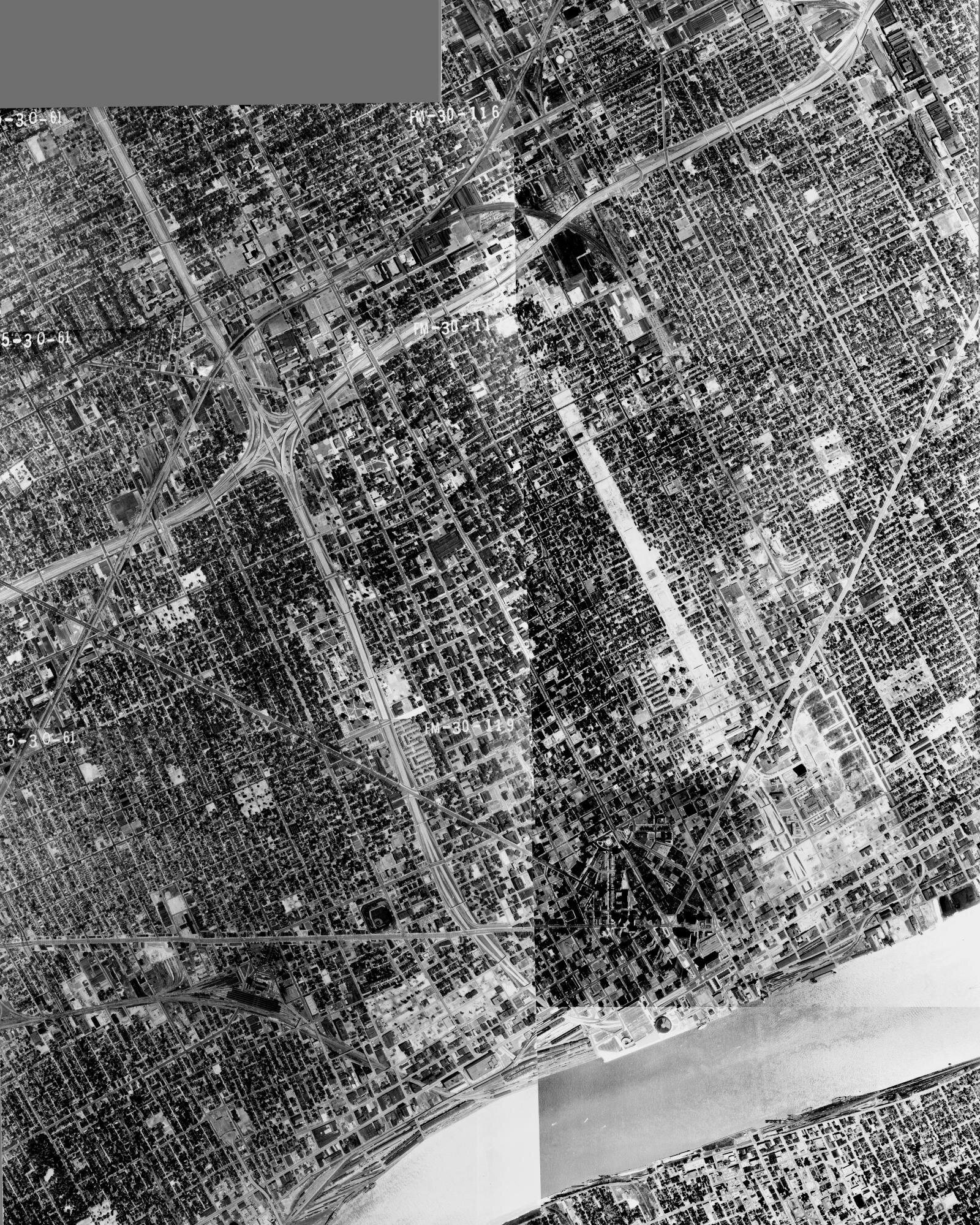 Photomosaic of downtown Detroit circa 1961, showing still-unfinished highways cutting through black neighborhoods like Black Bottom.(Wayne State University)